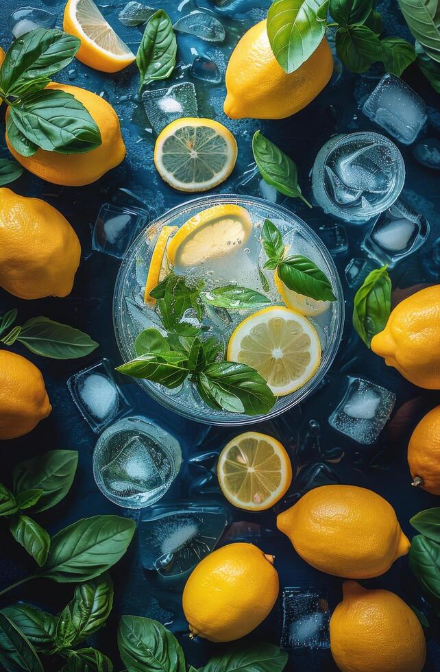 AI generated Glass of Lemonade With Lemons and Basil photo