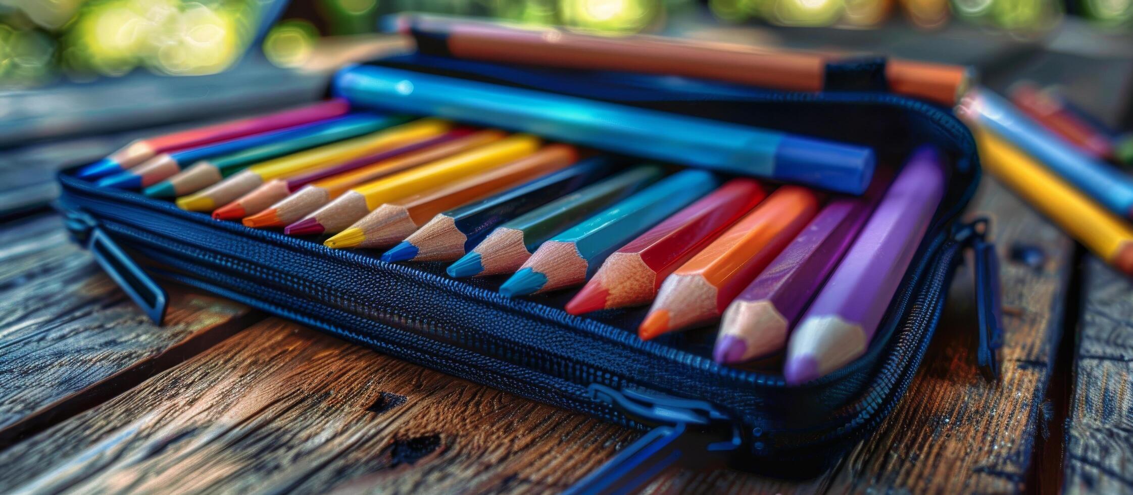 AI generated Blue Case With Colored Pencils on Wooden Table photo