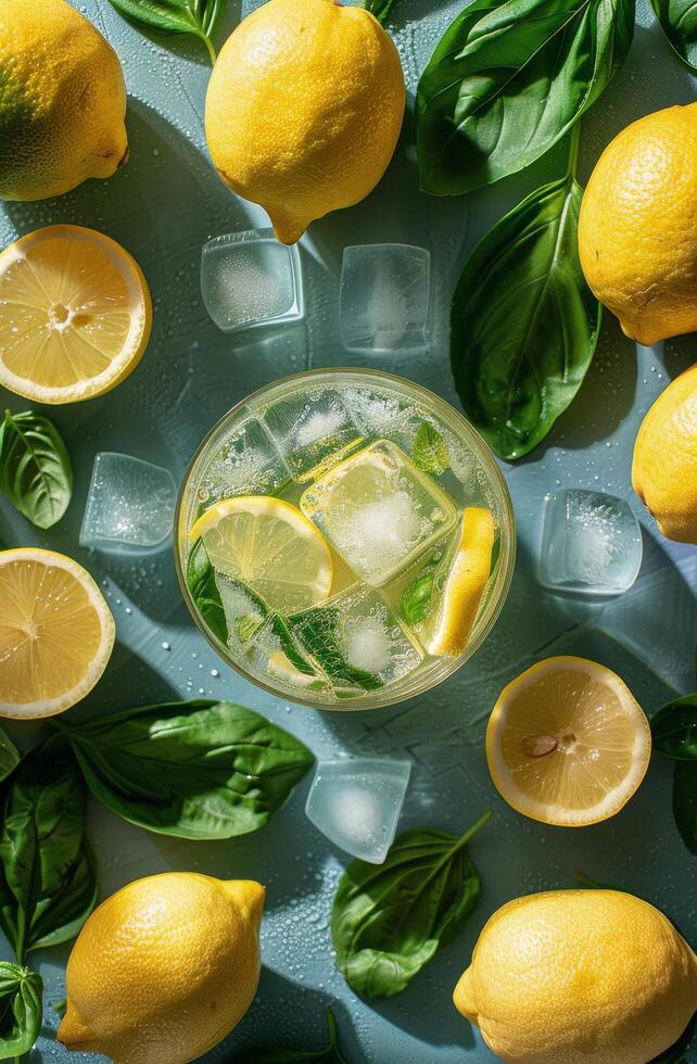AI generated Glass of Lemonade With Lemons and Basil photo