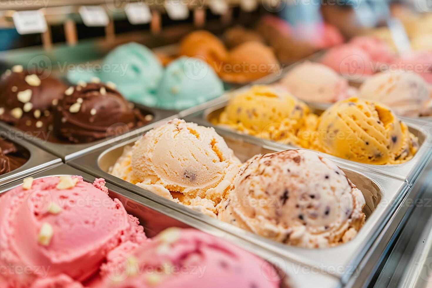 AI Generated Scoops of multicolored artisanal ice cream on display at gelateria photo