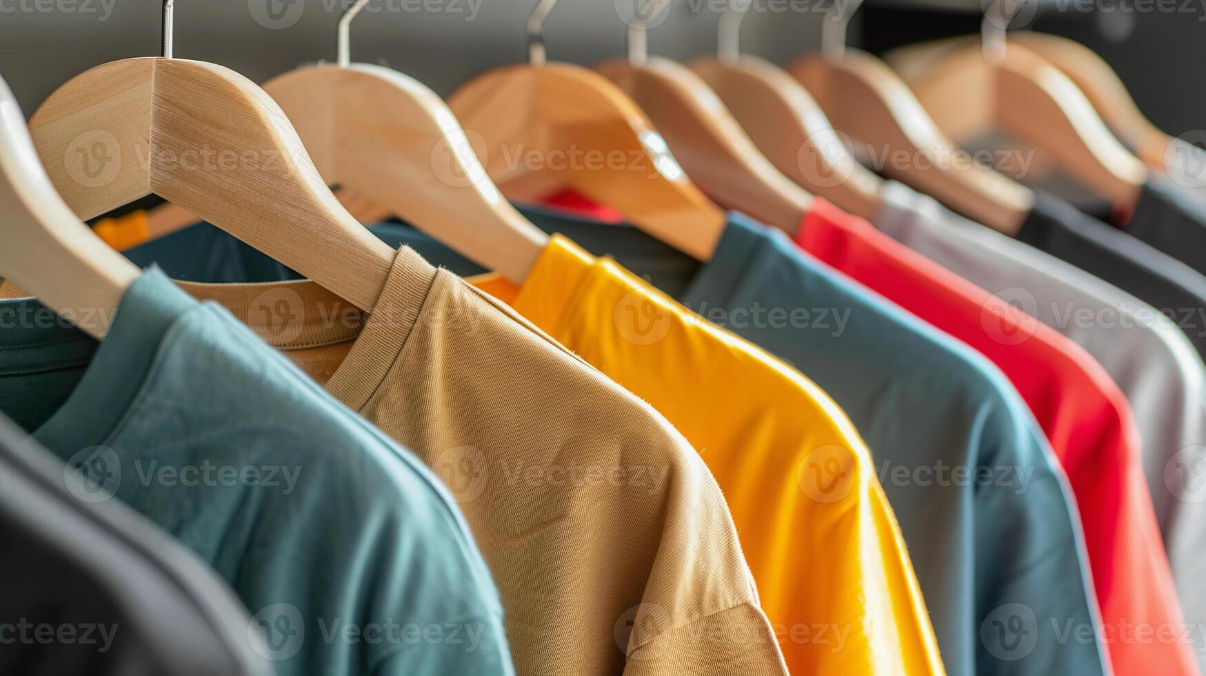 ai generado un selección de vibrante t camisas desplegado en de madera perchas, Listo para rebaja foto