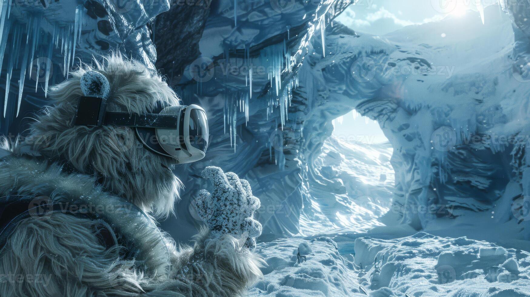 ai generado yeti explorador virtual realidad en un glacial cueva foto