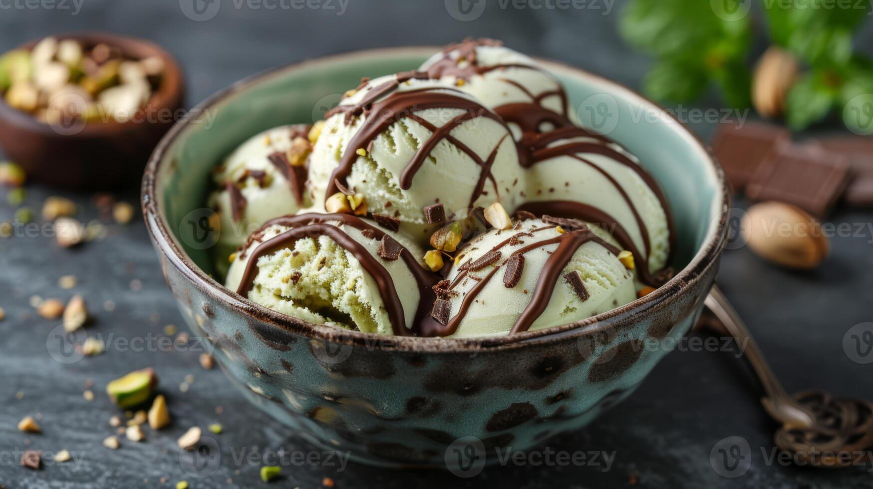 AI generated A bowl of pistachio ice cream with crushed nuts and chocolate drizzle photo