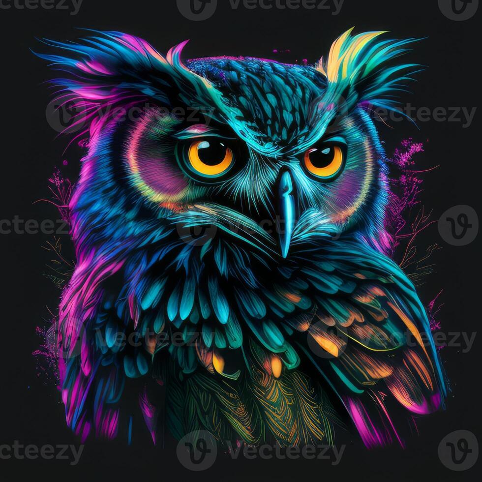 AI generated Owl portrait graphic on t-shirt vector, synthwave style, vivid and colorful, detailed photo
