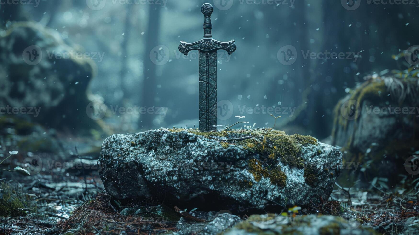AI generated A cursed sword stuck in stone, waiting for the worthy photo