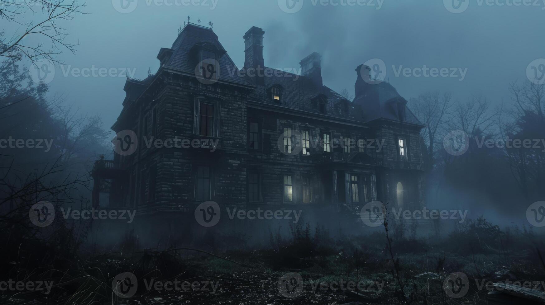 AI generated A dark, abandoned mansion enveloped in thick fog, with faint ghostly figures in the windows photo