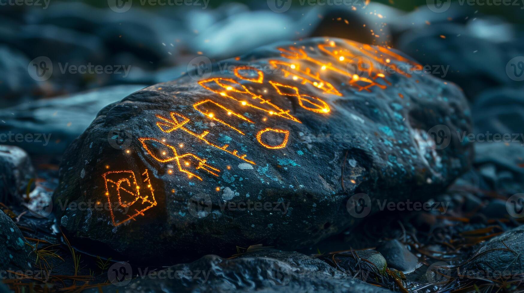 AI generated Runes inscribed on a mystic stone emitting light photo