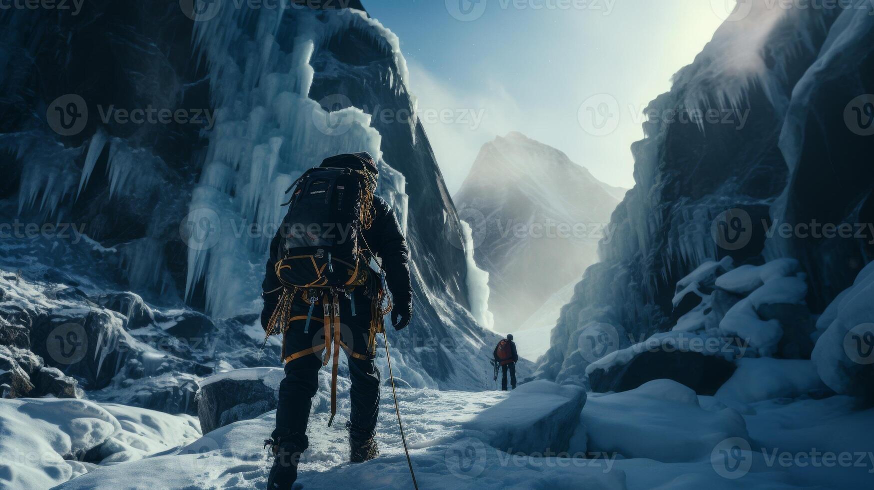 AI generated Ice climber ascending a frozen waterfall, cold edge adventure photo