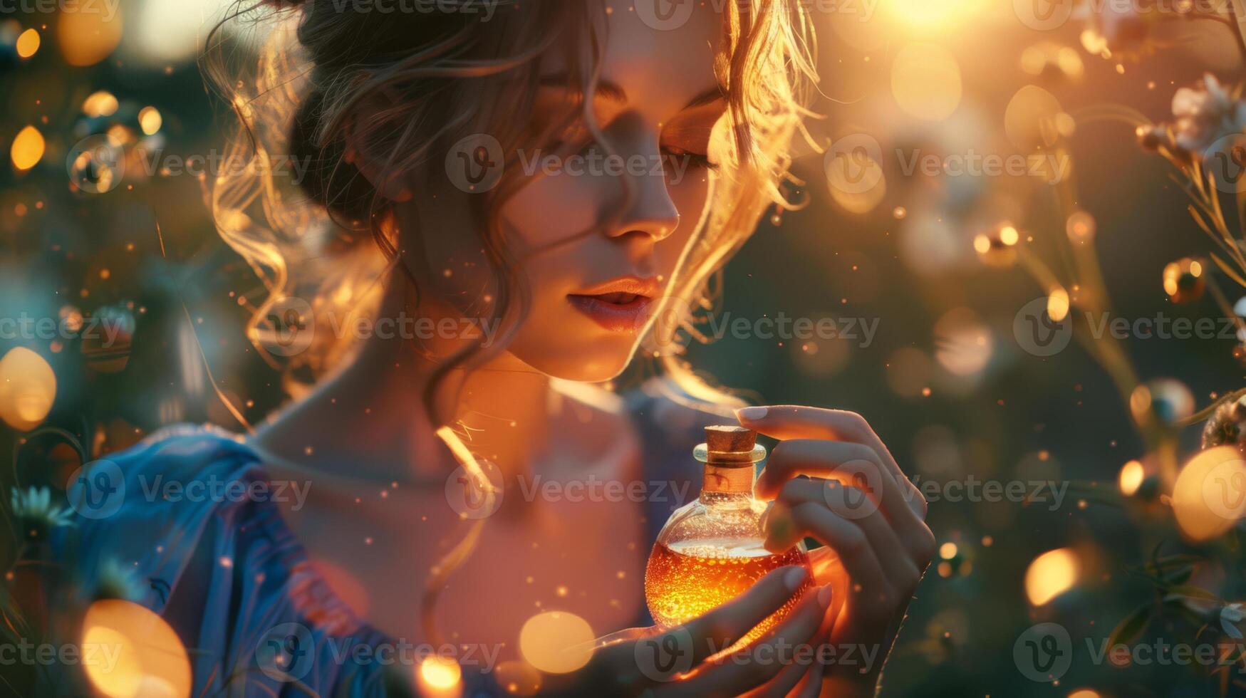 AI generated Fairy creating organic perfumes in an enchanted forest photo