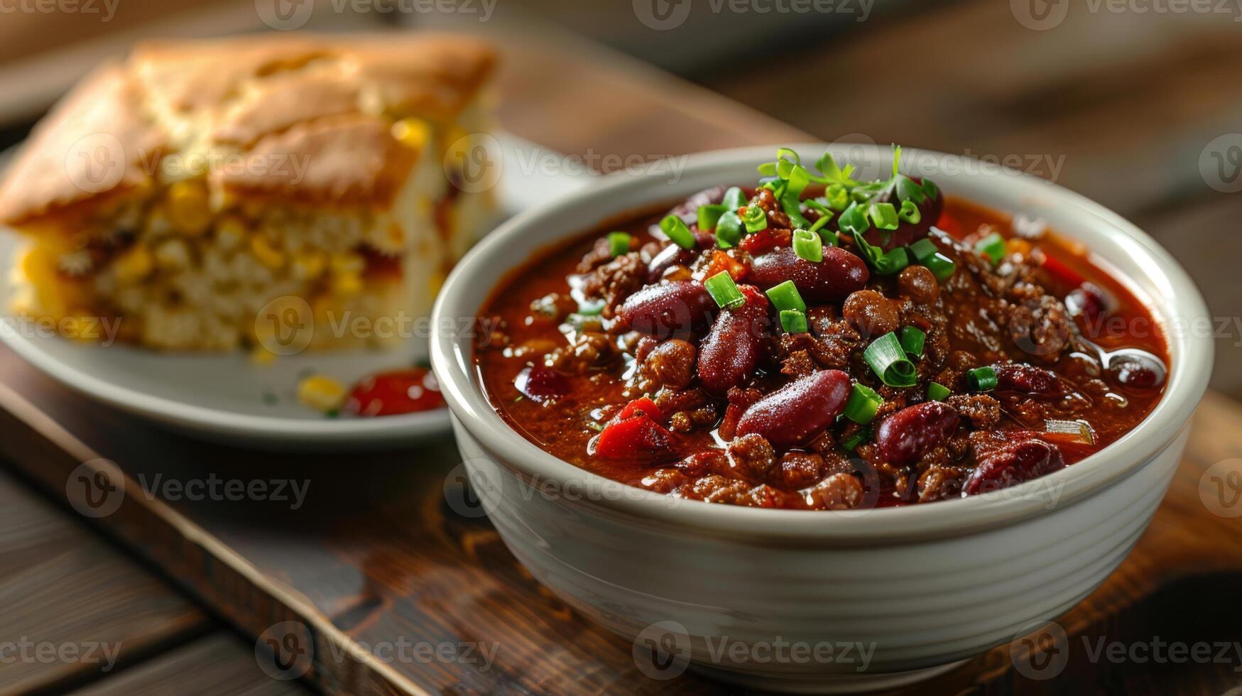 AI generated A bowl of spicy chili with a side of cornbread photo