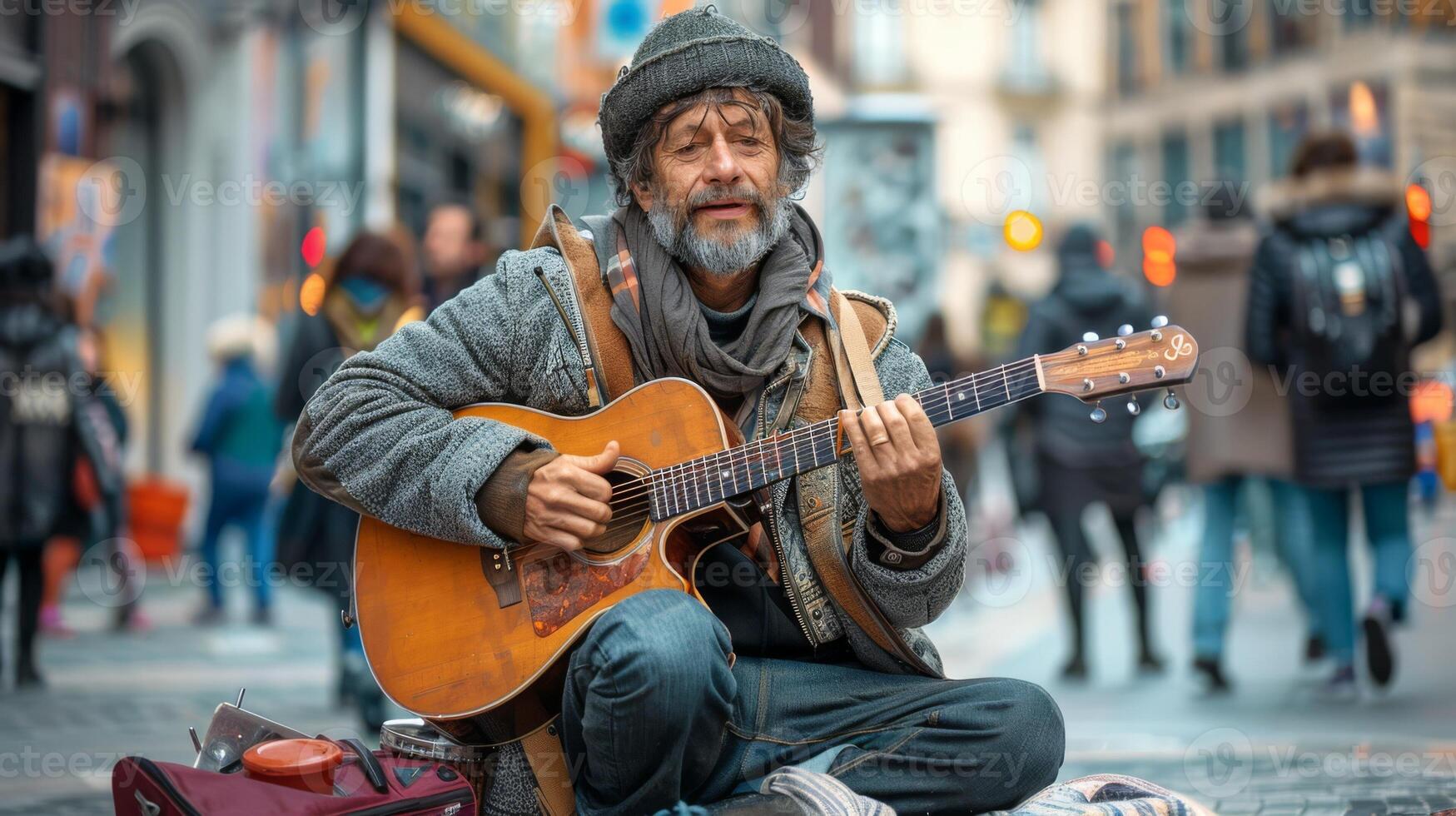 AI generated Street musician playing guitar with an open case for tips in a bustling city square photo