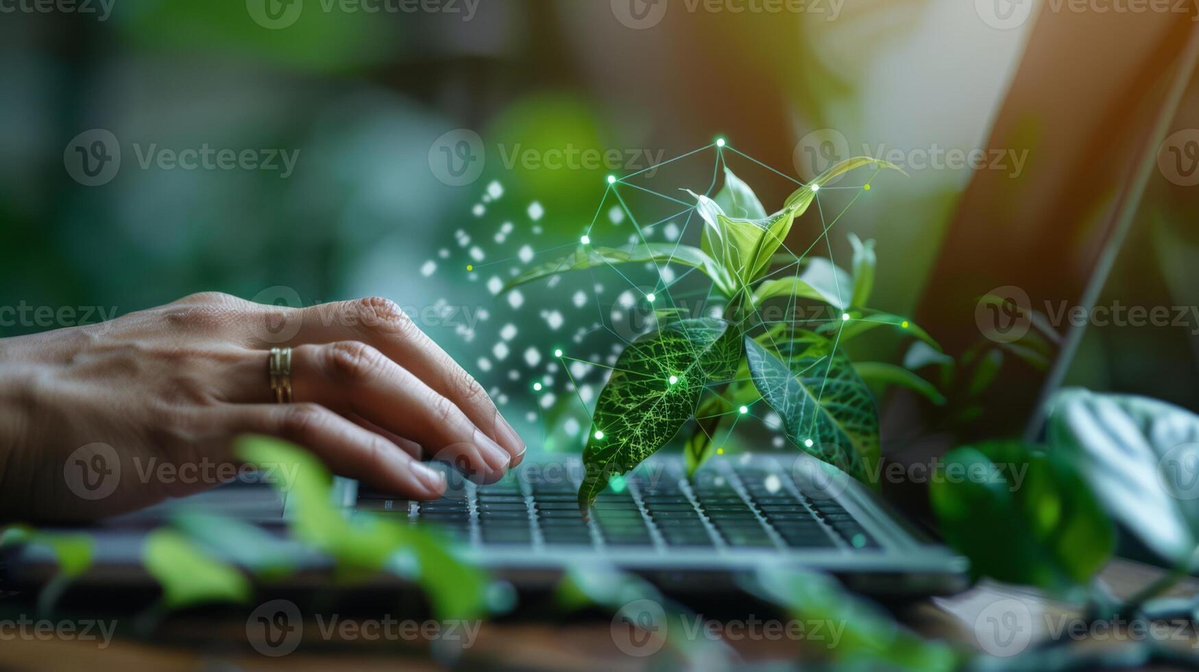 AI generated Zoomed-in view of hands typing on a laptop with eco-friendly software interface photo