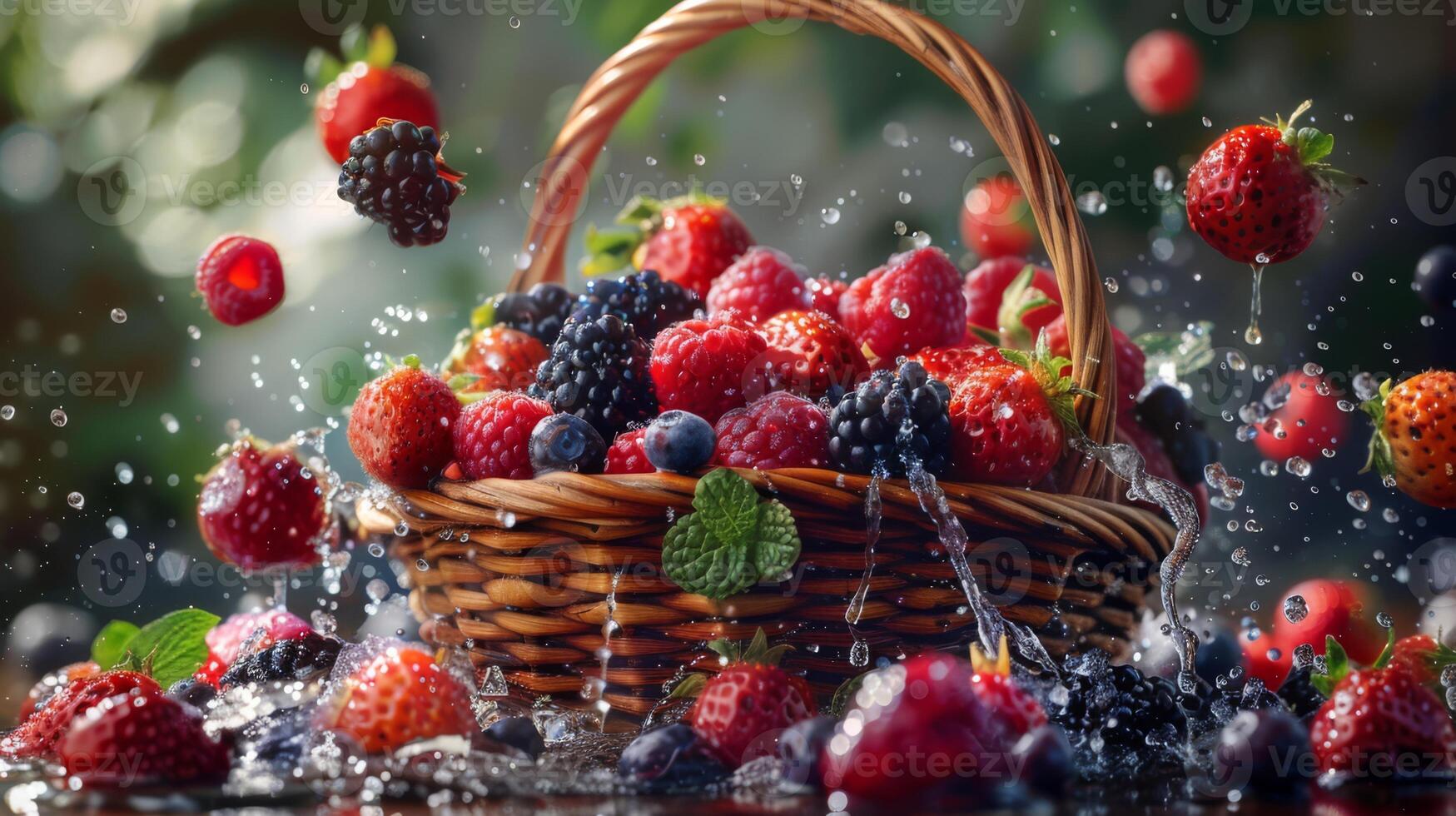 AI generated A basket of fresh berries being spilled, with fruits scattering around photo