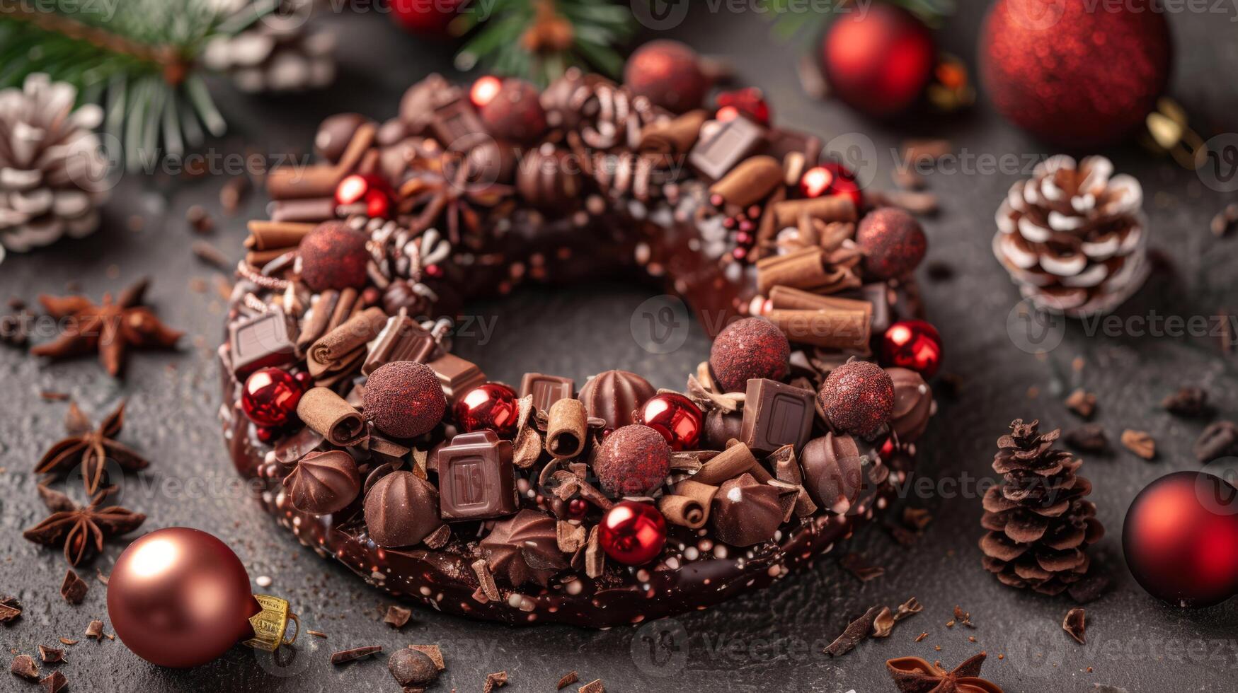 AI generated A chocolate wreath, decorated with cocoa nibs, festive indulgence photo