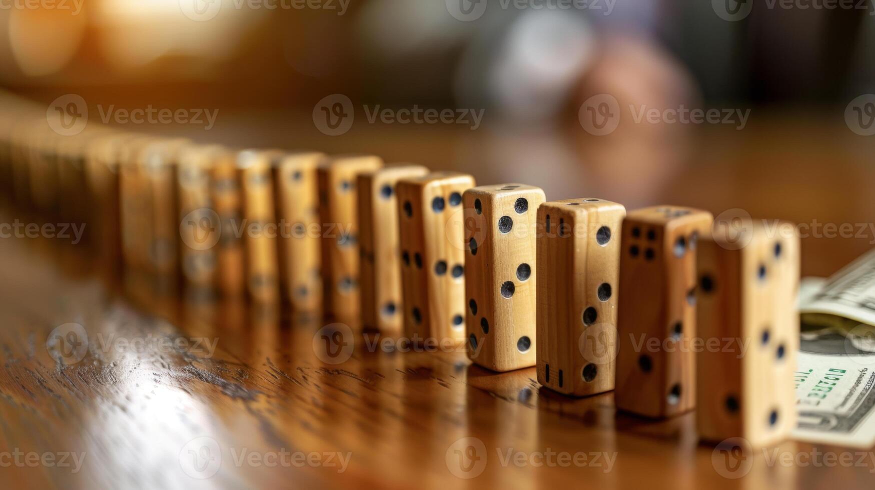 AI generated A series of dominoes with increasing piles of money, illustrating the effect of compound interest. photo