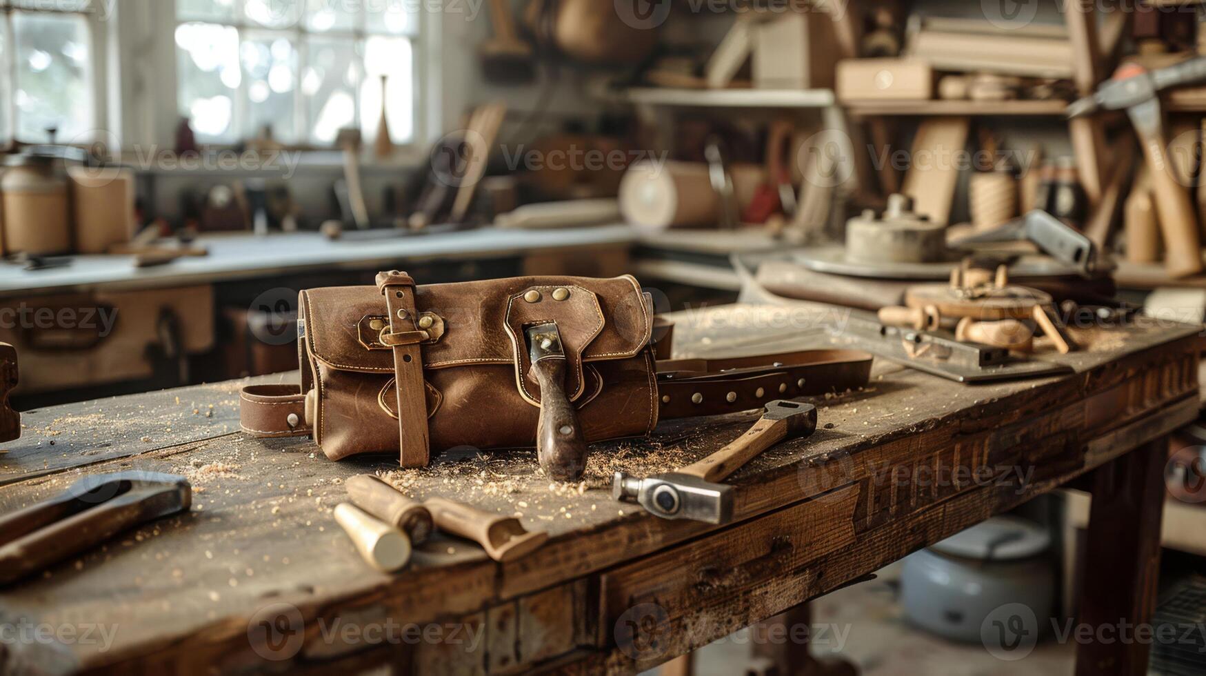 AI generated Carpenter's tool belt with hammer and saw on a workbench photo