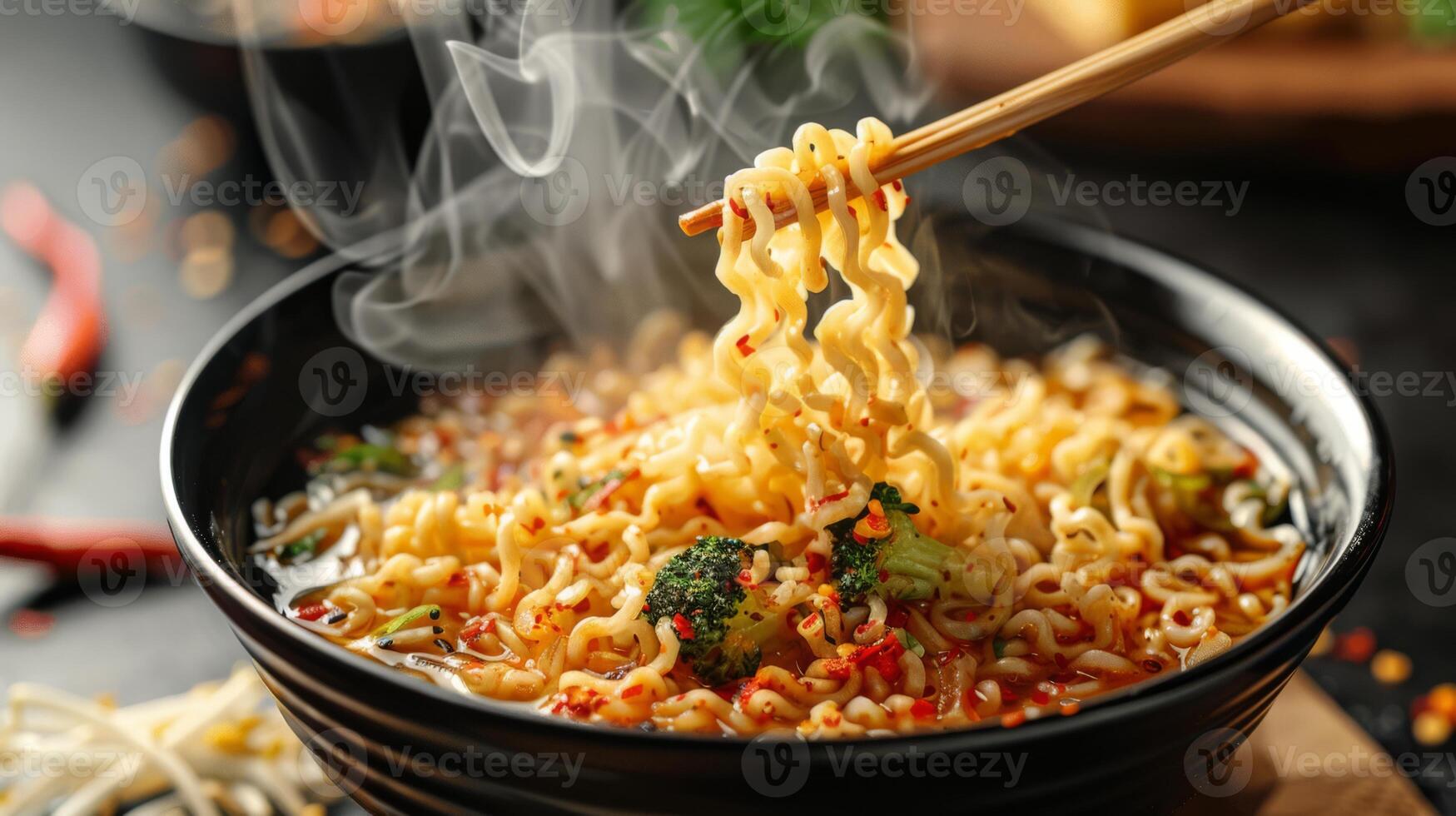 AI generated A bowl of steaming ramen with noodles being lifted with chopsticks photo