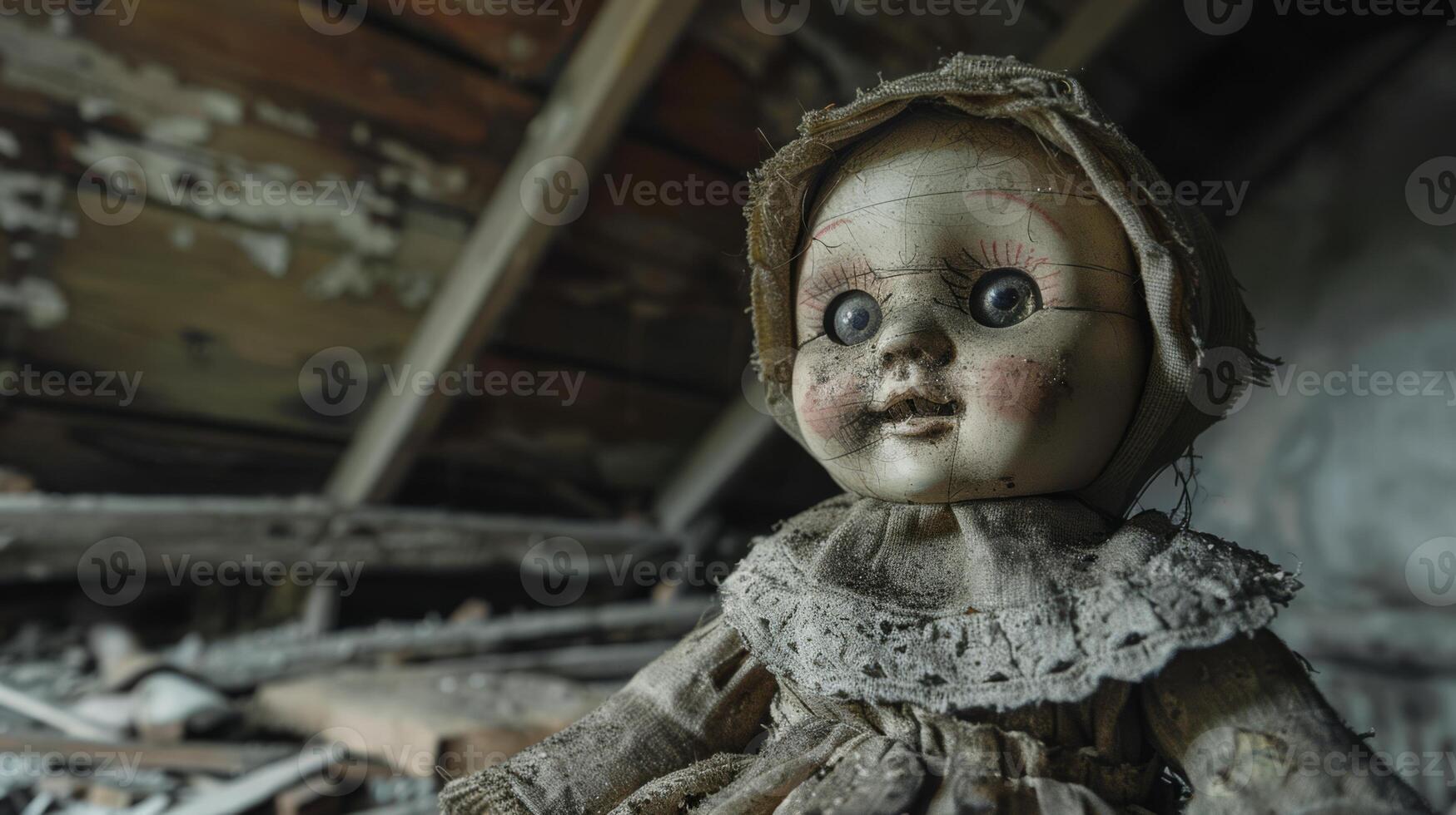 ai generado un espeluznante, antiguo muñeca sentado solo en un ático, sus ojos siguiendo usted alrededor el habitación foto