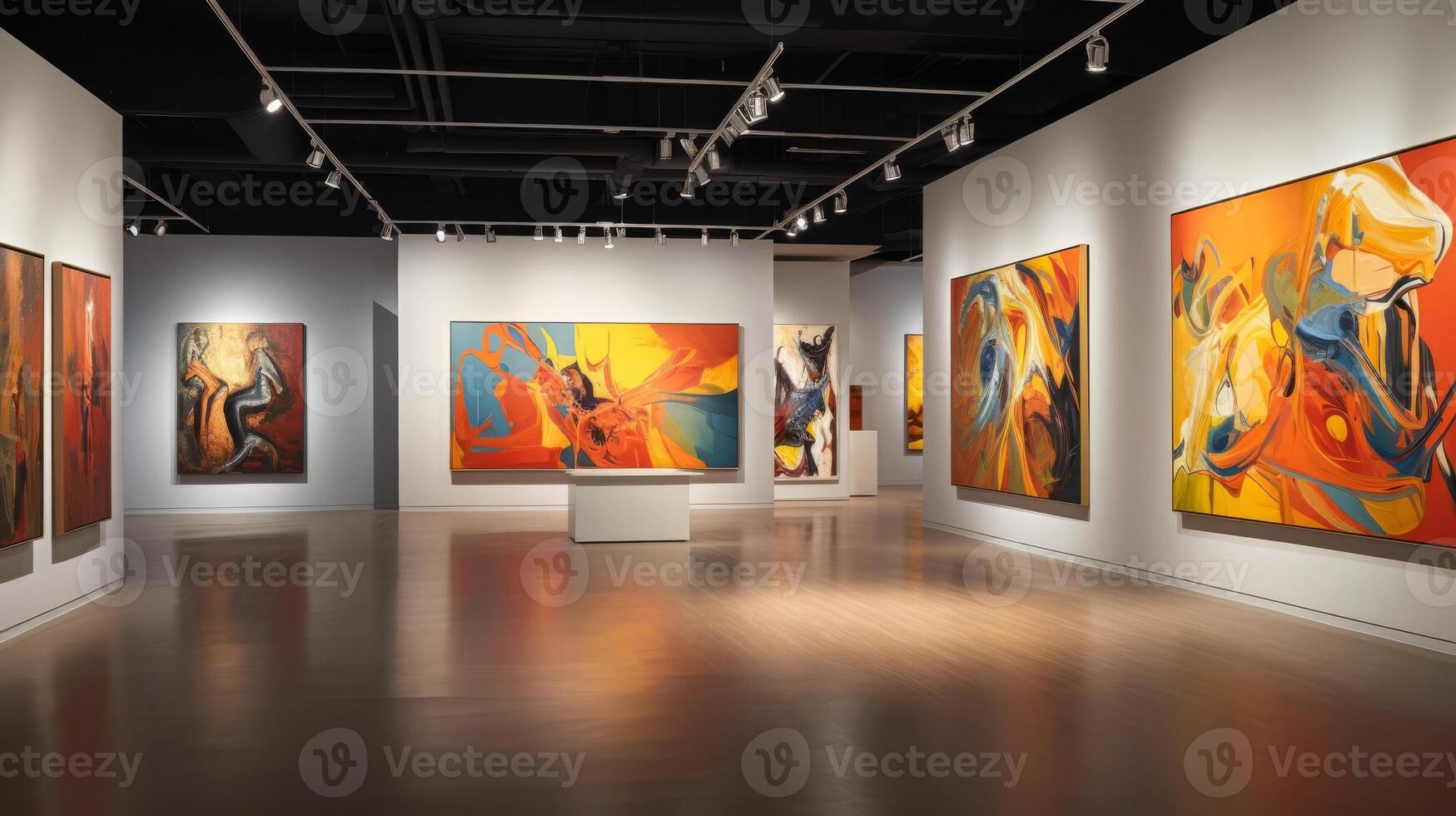 AI generated Contemporary art gallery with abstract paintings, cultural immersion photo