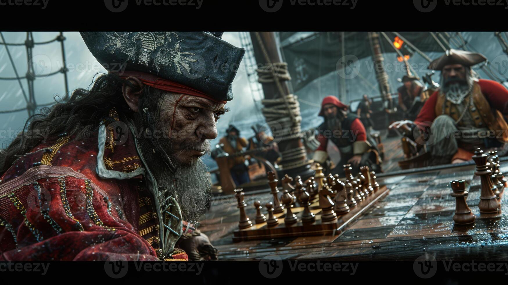 AI generated 3D renderings of Pirates playing chess on their ship during a storm, photo