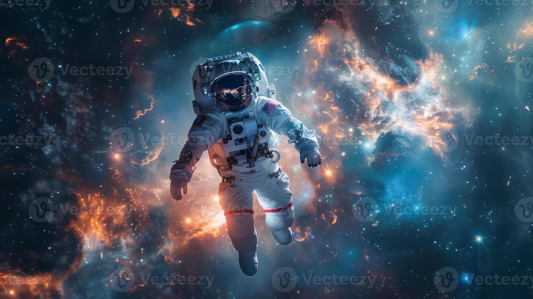 AI generated Astronaut adrift in the cosmic expanse with Earth in the distance photo