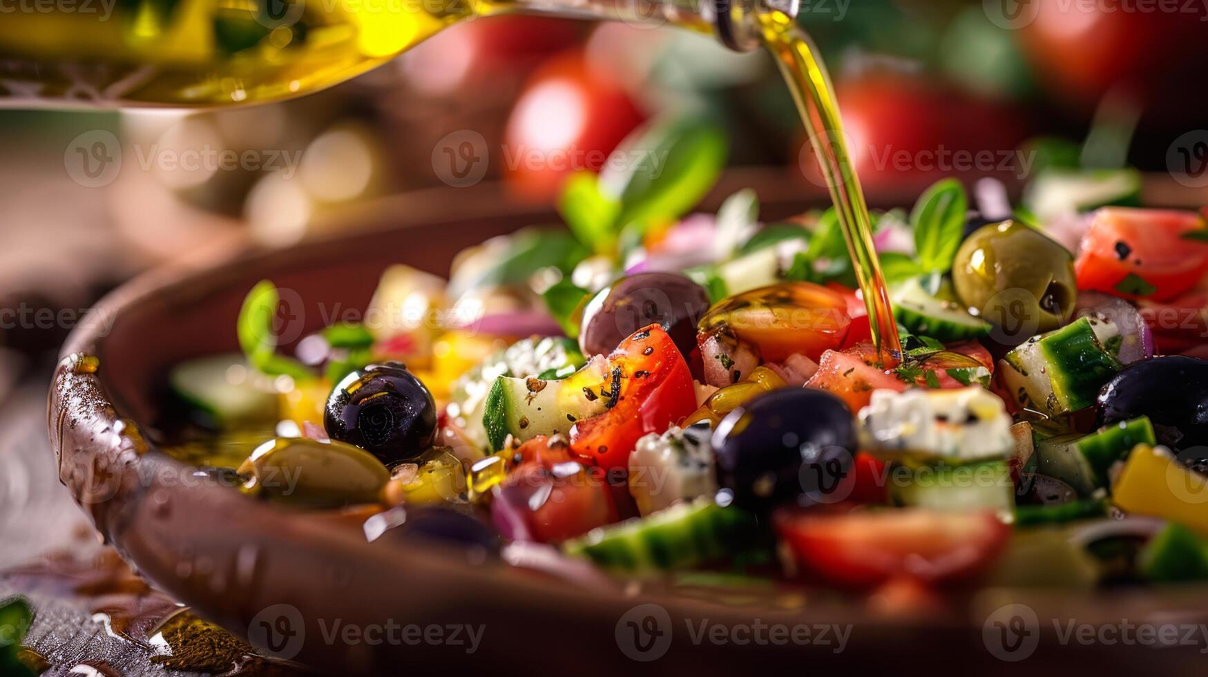AI generated Olive oil being drizzled over a fresh Greek salad, with olives bouncing photo