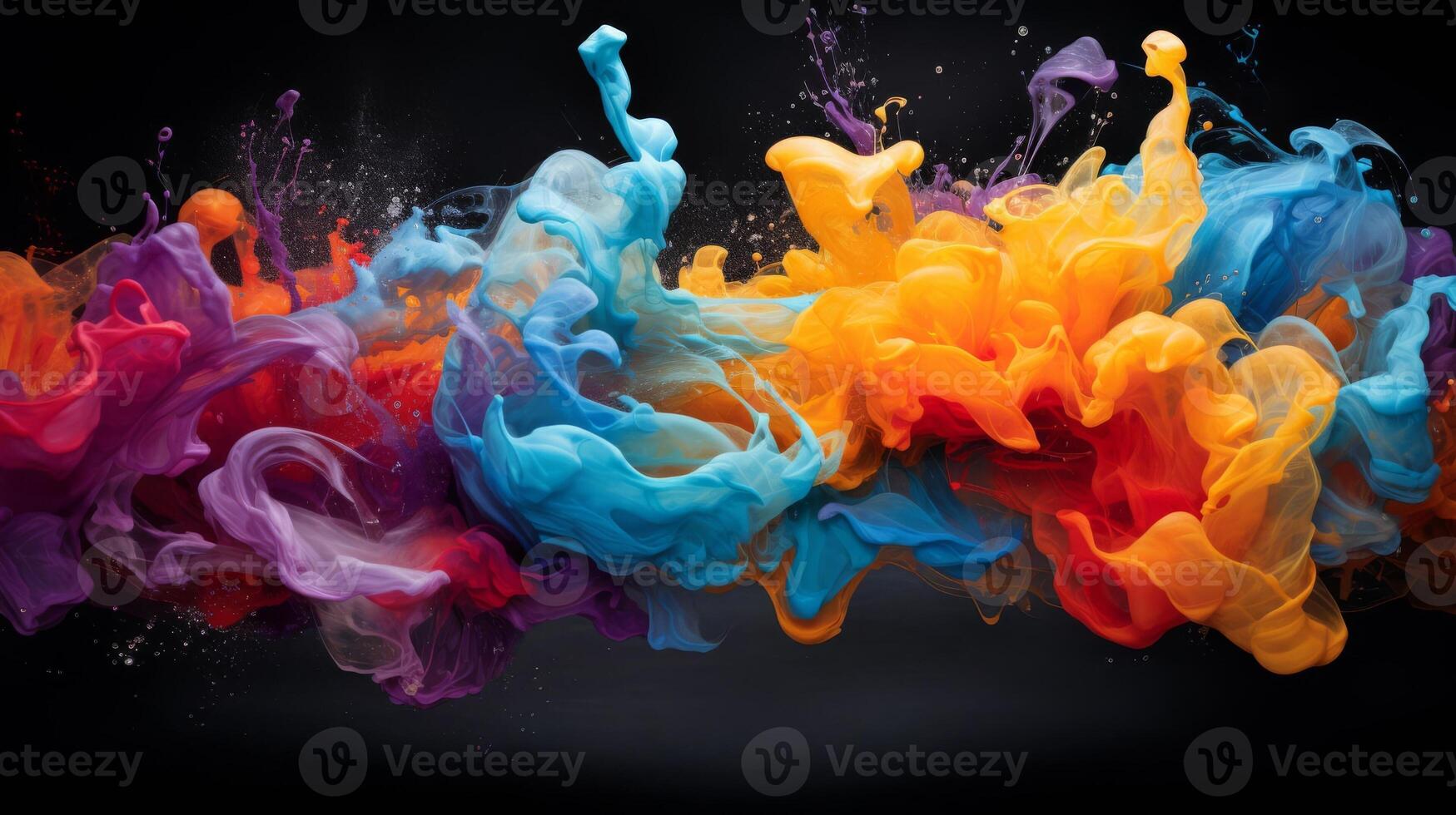 AI generated High-speed capture of multicolored water splashes, a clash of hues and shapes photo