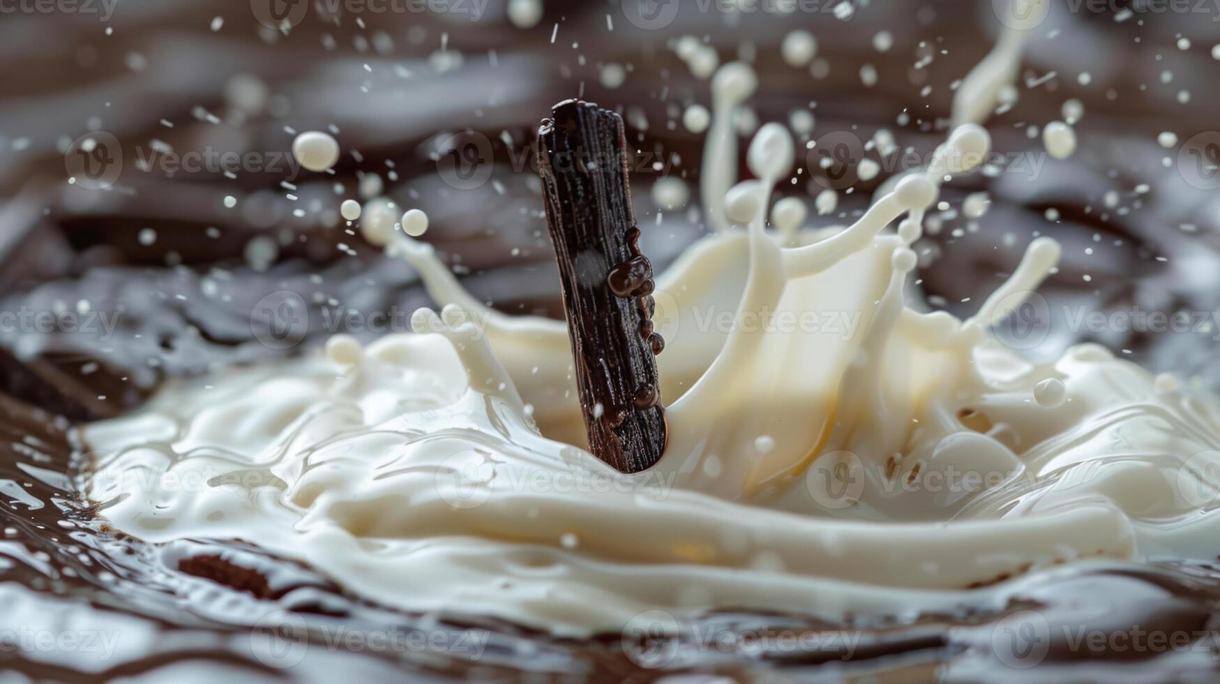 ai generado un cucharón de vainilla frijoles chocando con un chapoteo de cremoso Leche foto