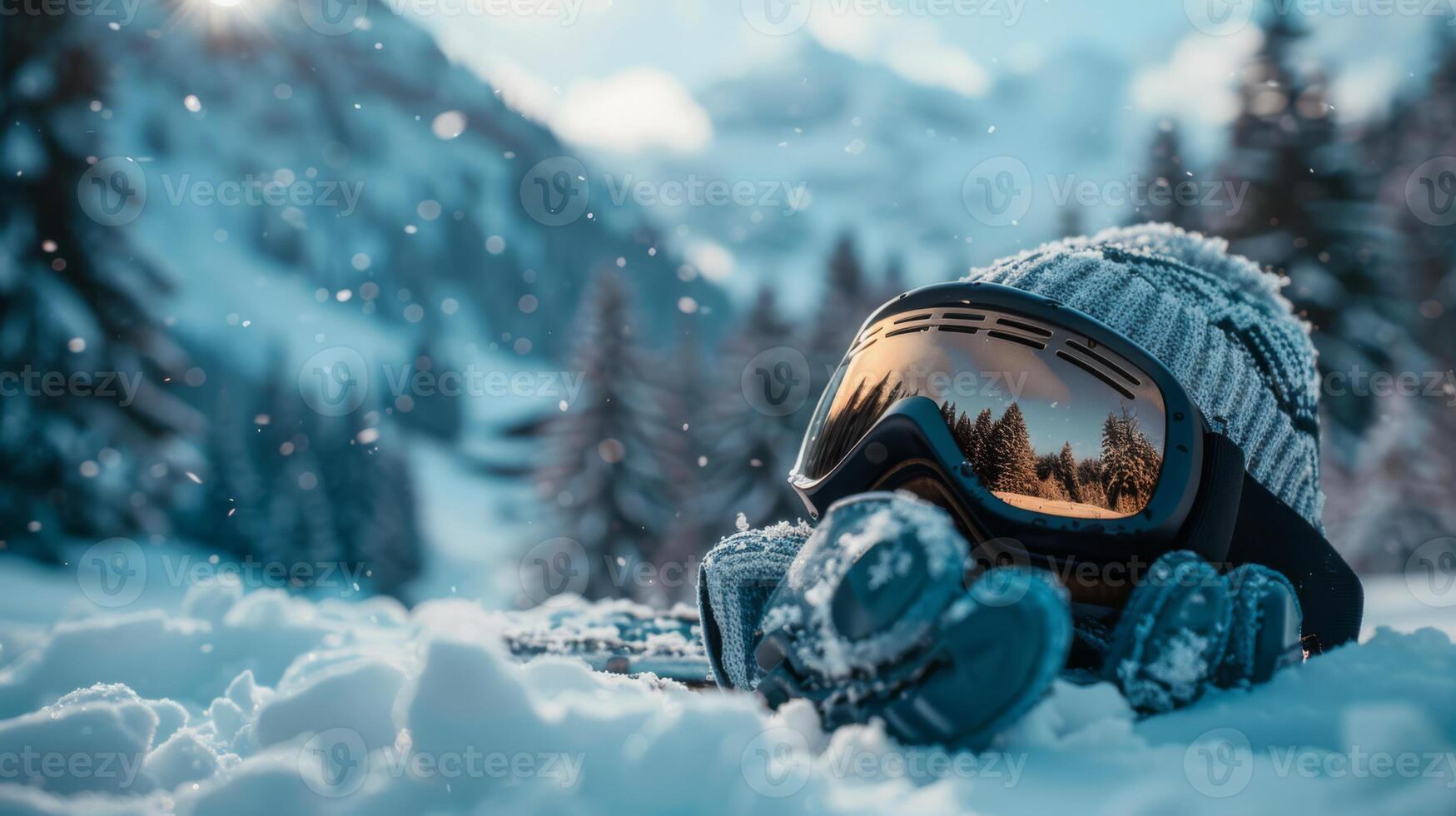 AI generated A pair of ski goggles, gloves, and a hat on fresh mountain snow photo