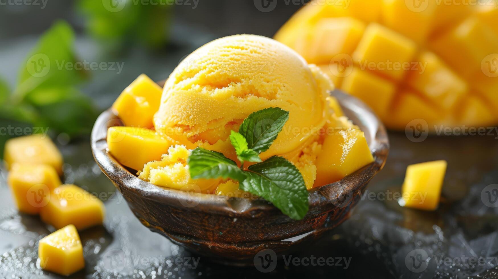 AI generated A scoop of mango sorbet with diced mango pieces photo