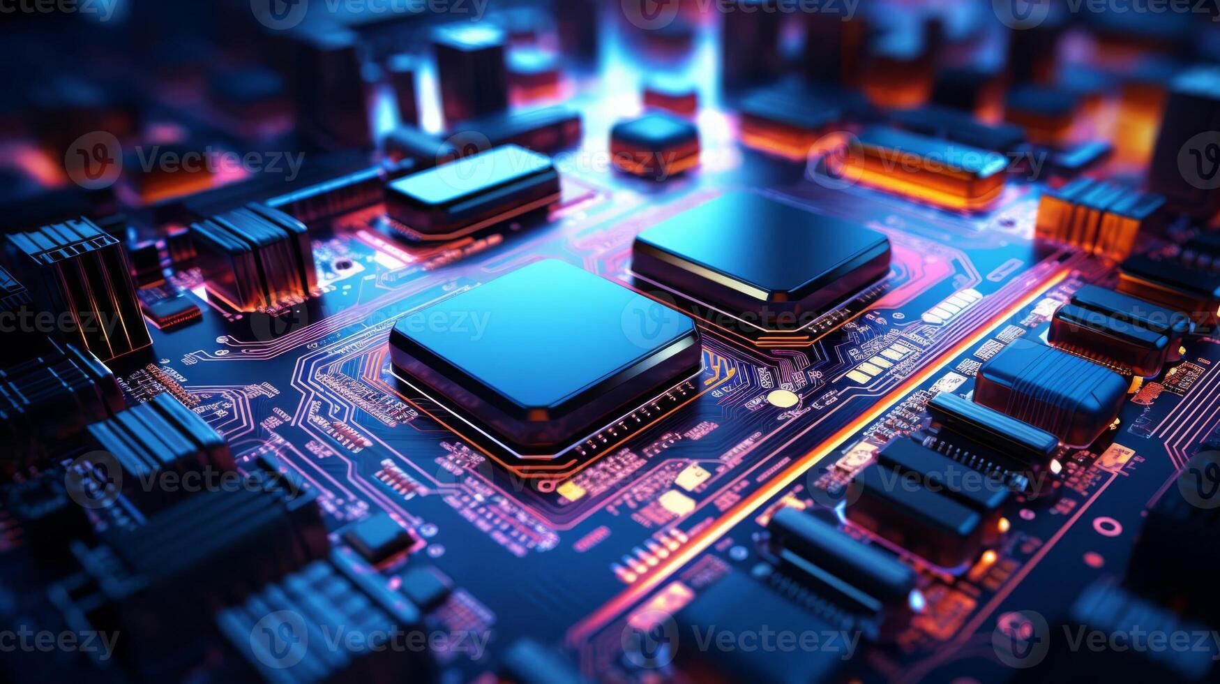 AI generated Close-up of a futuristic circuit board, neon lights, high-tech feel photo
