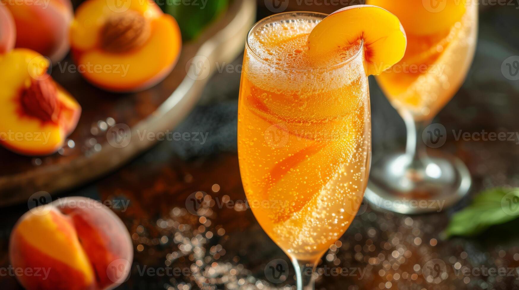 AI generated A glass of peach bellini with peach slices and fizzy bubbles photo