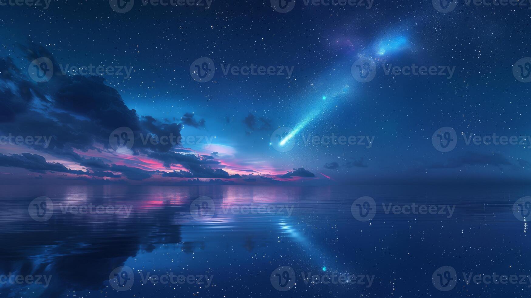 AI generated A breathtaking comet illuminating the sky above a calm ocean, its reflection shimmering in the water photo