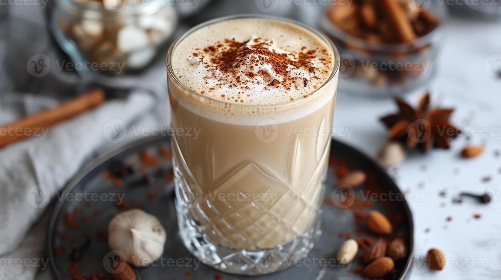 AI generated A glass of almond milk chai latte with a sprinkle of nutmeg photo