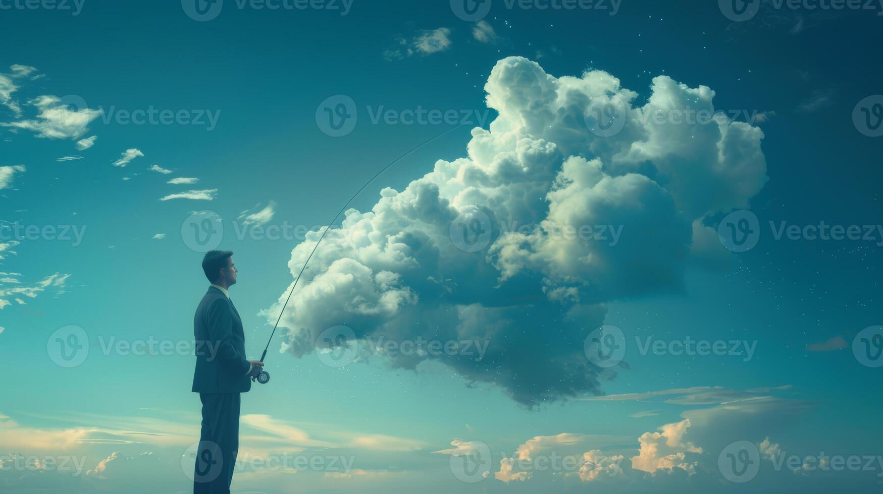 AI generated A man in a suit using a fishing rod to catch cloud-shaped ideas in the sky photo