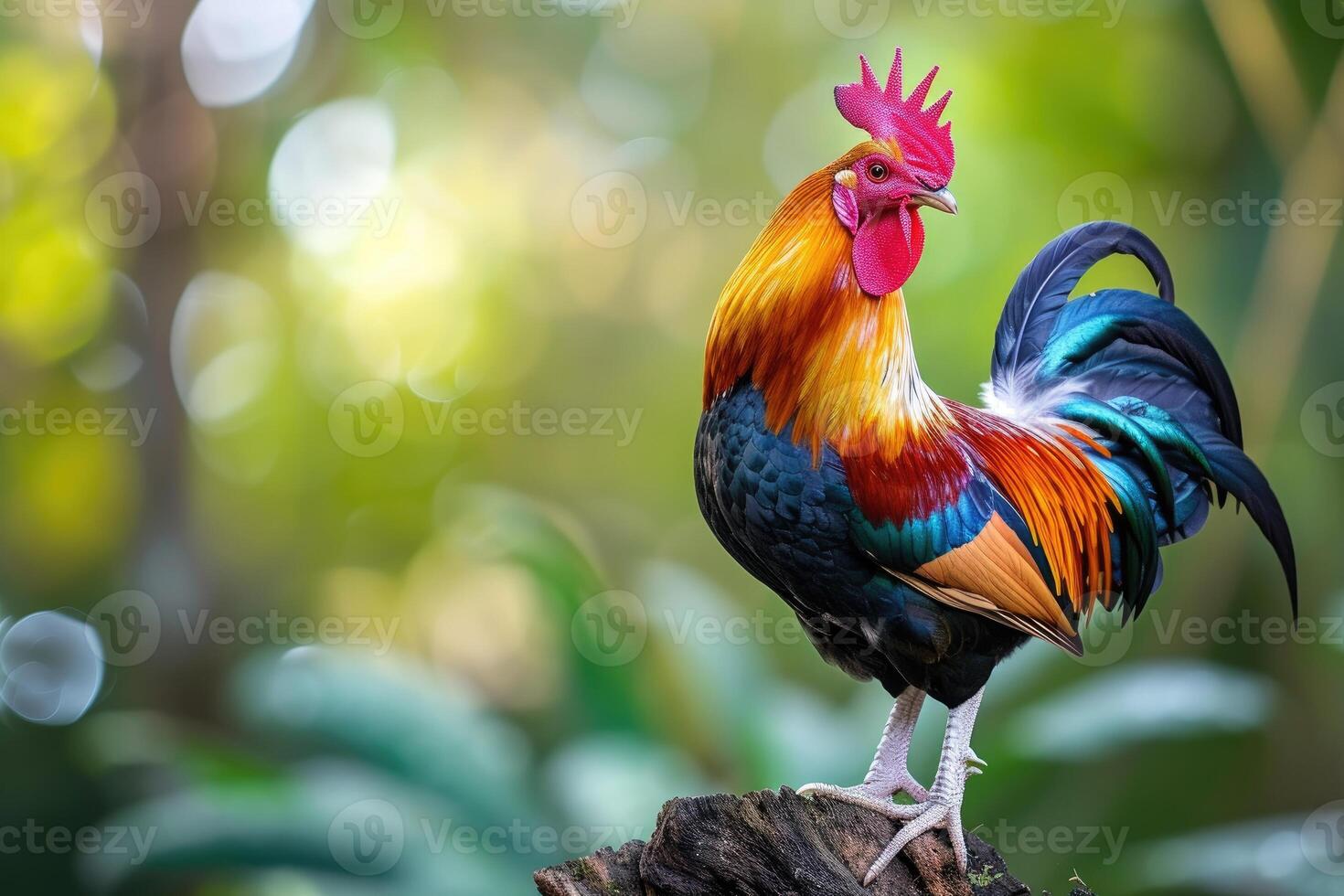 AI generated Beautiful rooster on nature background. photo