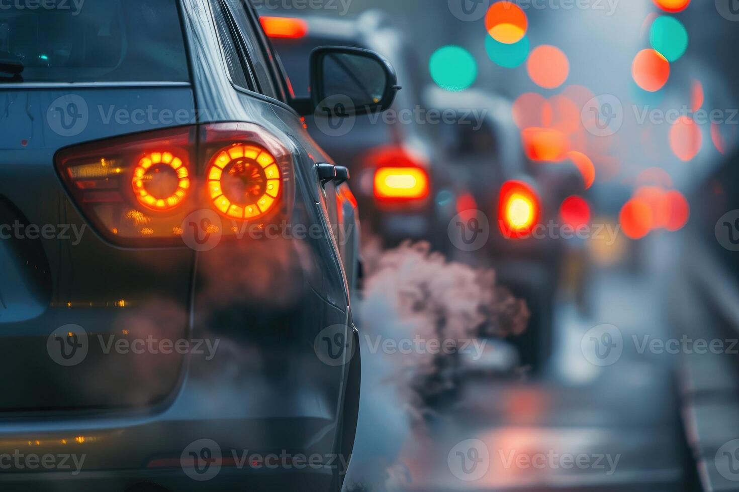 AI generated Transportation travel traffic jams on roads with air pollution, smoke from car exhaust pipes. photo