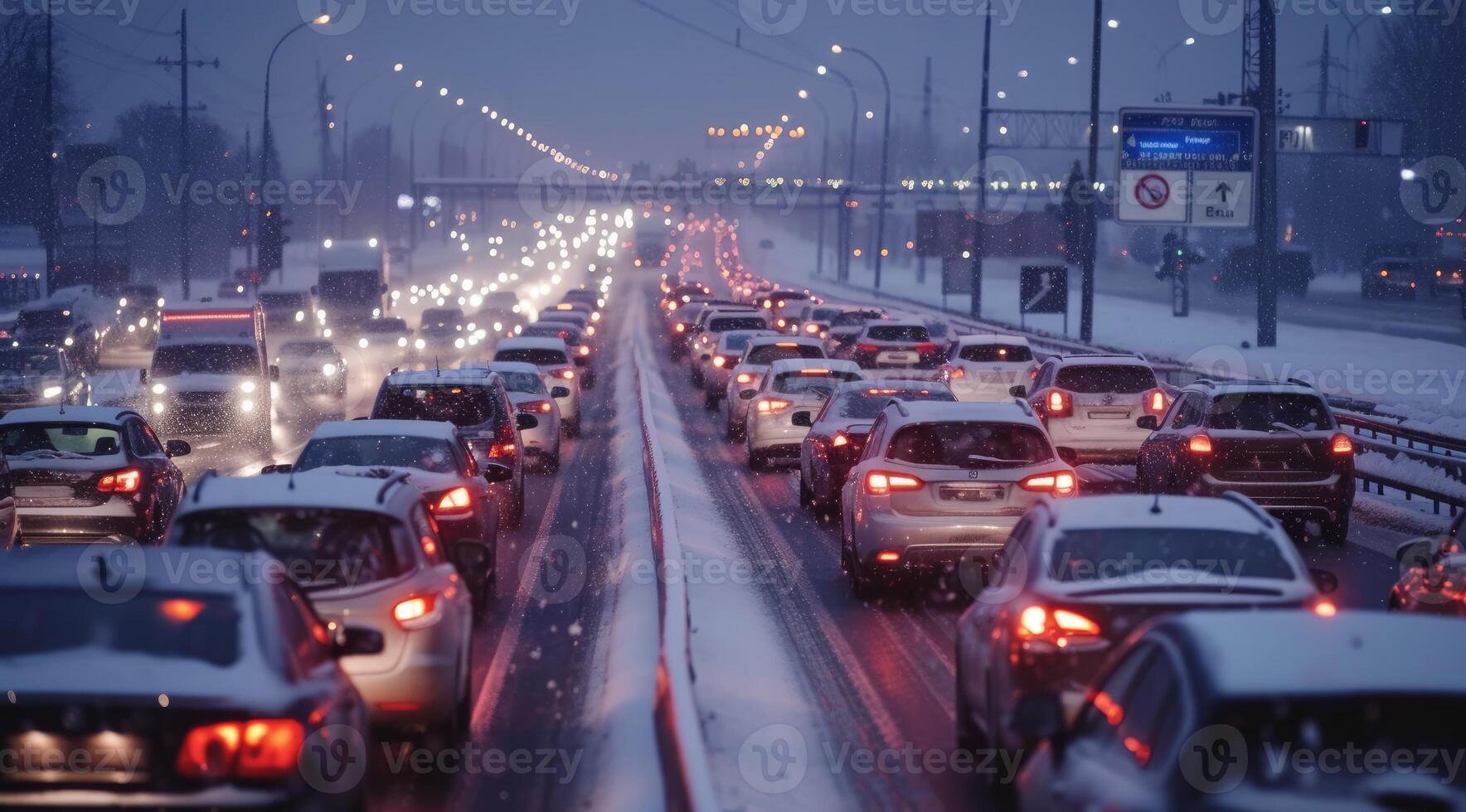 AI generated Modern cars are stuck in a traffic jam on a highway in winter. photo
