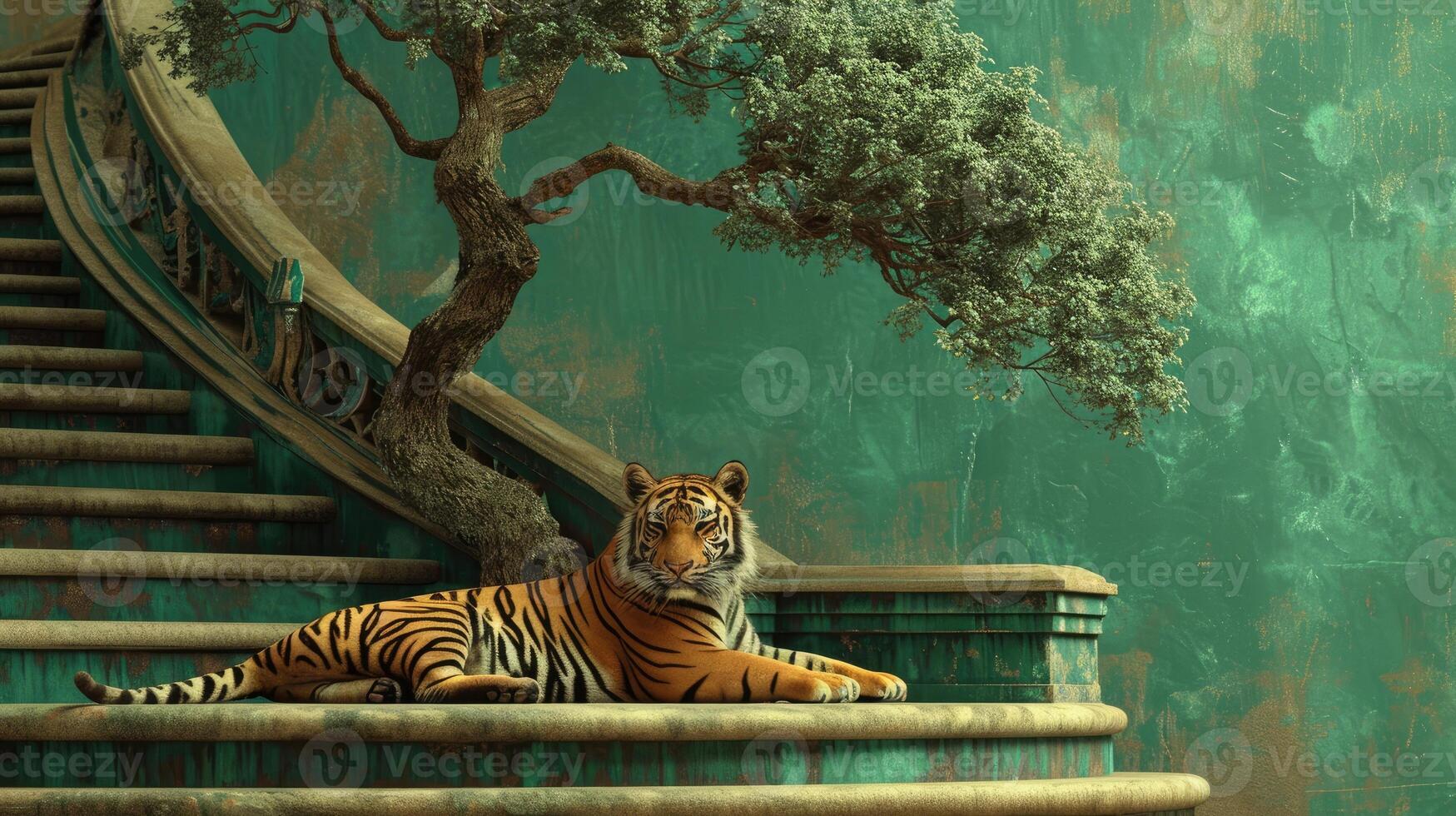 AI generated Tiger relaxing on stairs with a tree behind it, in the style of Buddhist art and architecture. photo