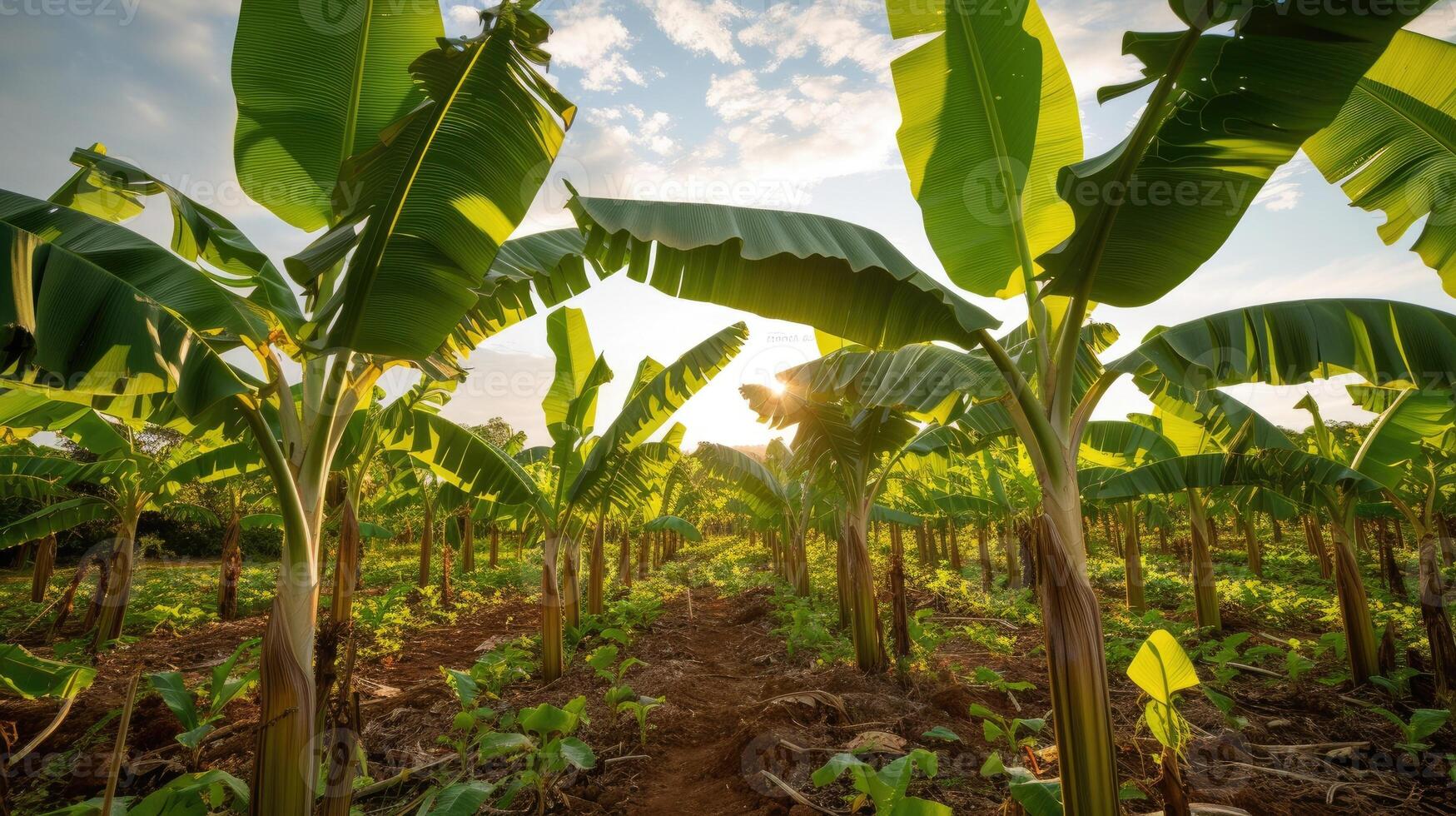 AI generated Banana tree plantation in nature with daylight. Industrial scale banana cultivation for worldwide export. photo