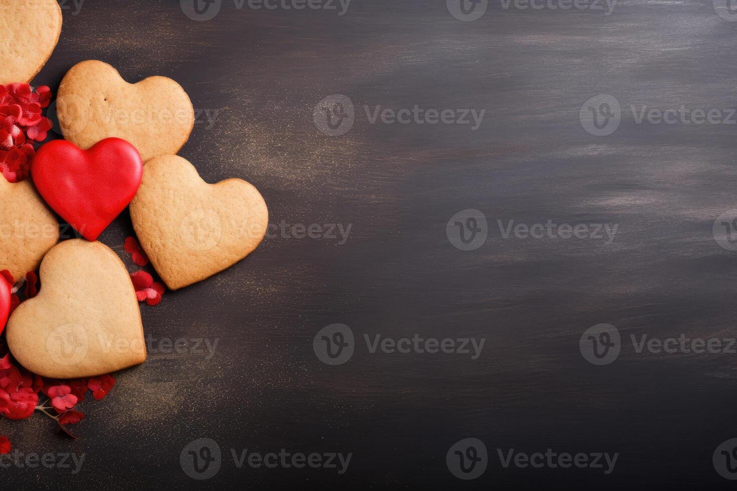 AI generated Heart-shaped cookies for valentines day with copy space. photo