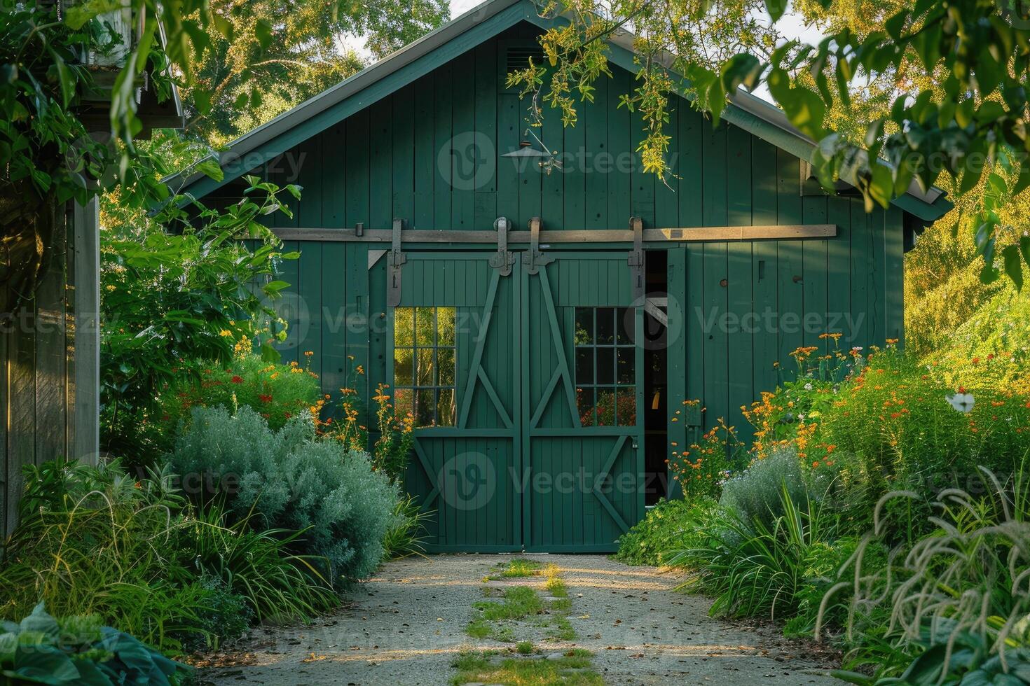 AI generated Green barn on farm landscape photo