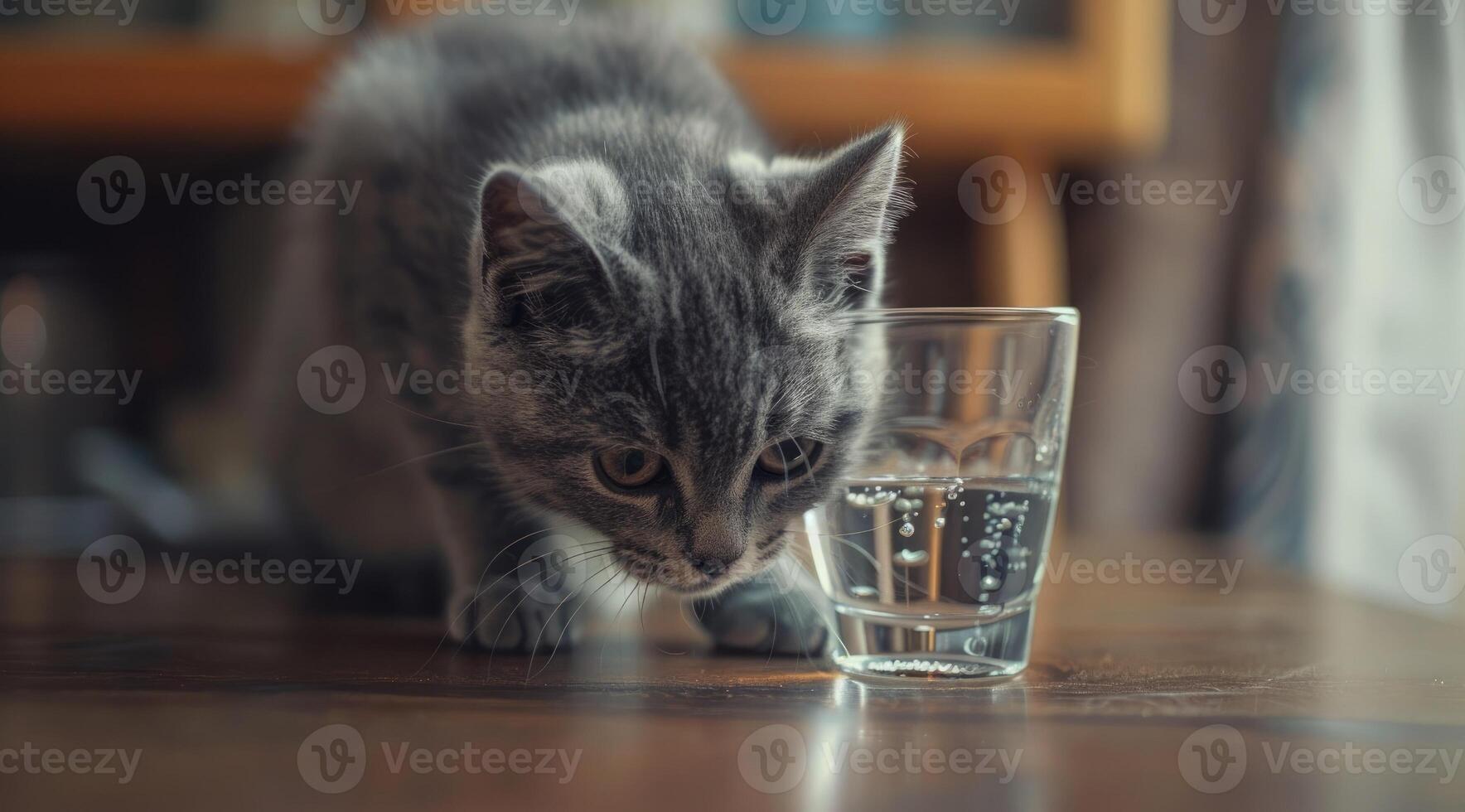 ai generado retrato de un gato mirando a un vaso de agua. foto