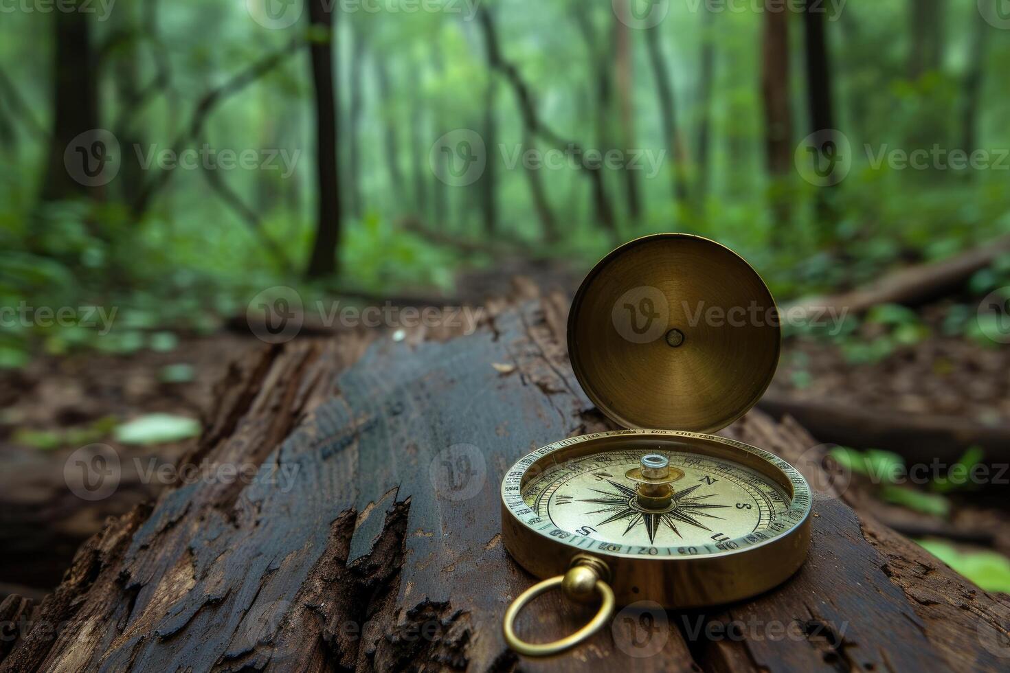 AI generated Vintage compass on the log in forest, warm sun light photo