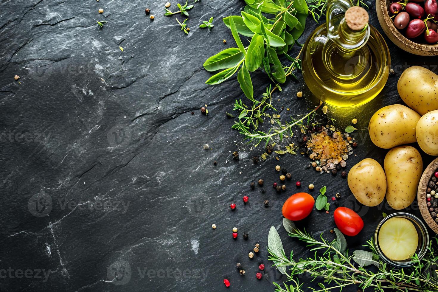 AI generated Food background. Top view of olive oil, potatoes, herbs and spices on rustic black slate. photo