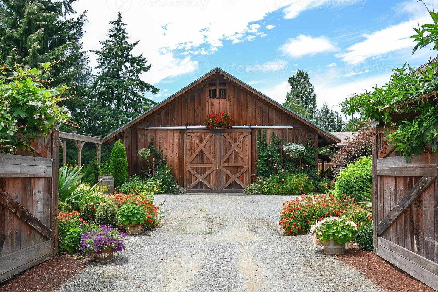 AI generated Brown barn on farm landscape photo