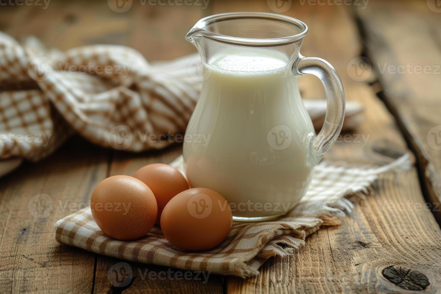 AI generated Glass jug of milk and egg on wooden table. photo