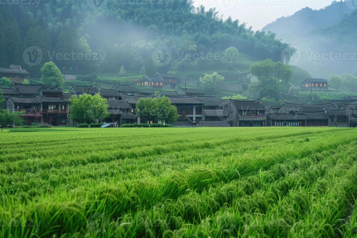 AI generated Empty green field Chinese village on background. photo