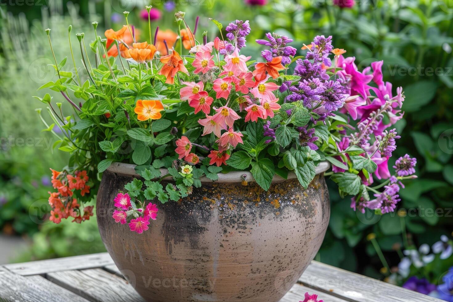 AI generated Beautiful colorful potted plants and flowers in a big stoneware flower pot for balcony, patio or terrace. photo