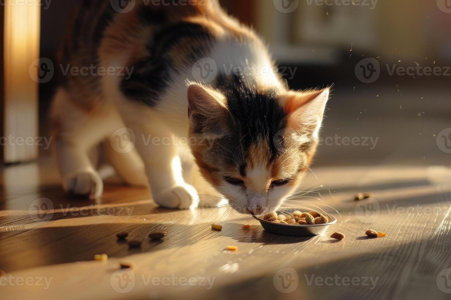 AI generated Close-up of cat eating dry food from bowl. photo